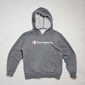 Champion Youth Hoodie Size M 10/12 Gray Pullover Logo Sweatshirt Sporty